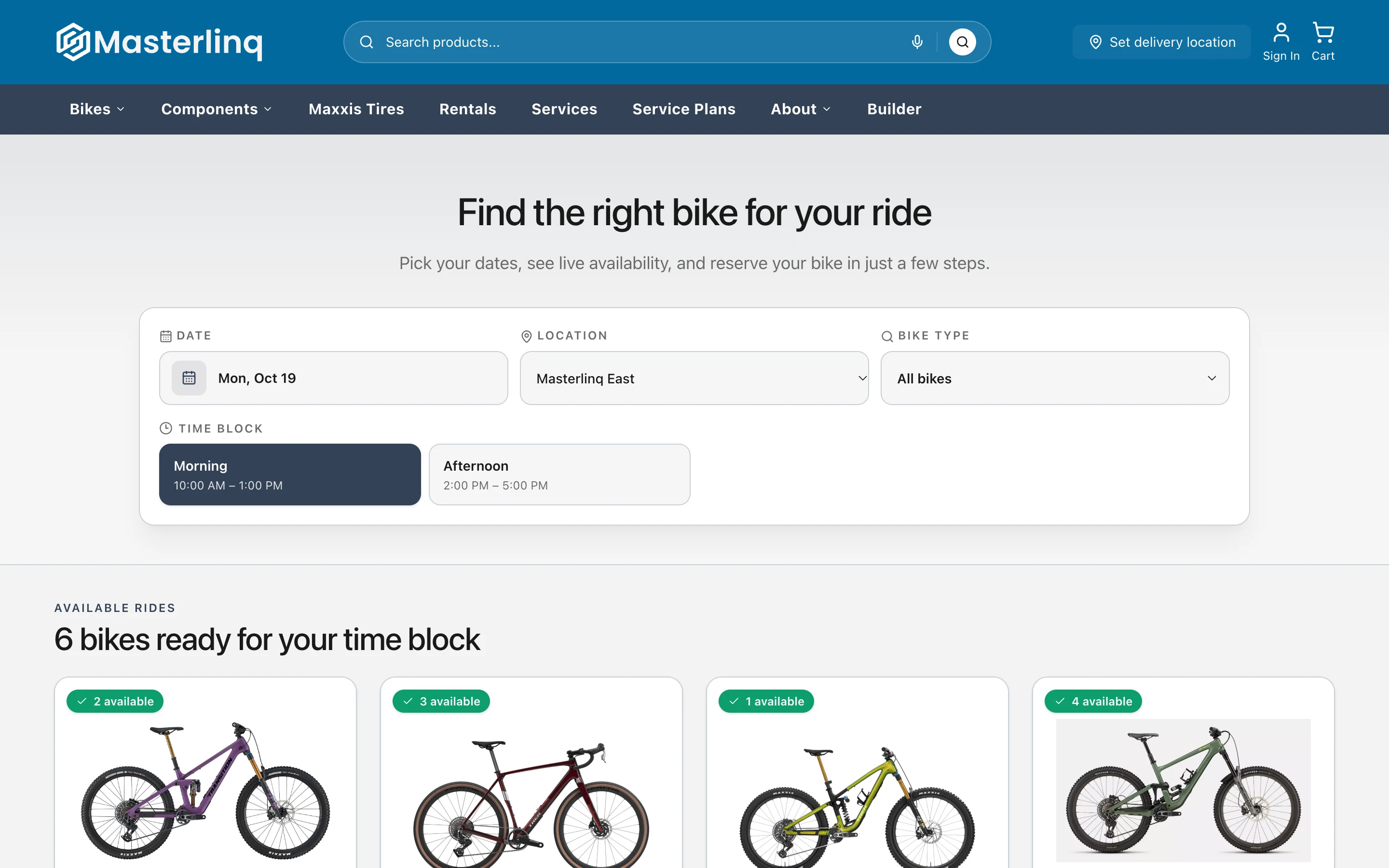 Storefront rental search — pick a date, location and time block, then see every bike that's free