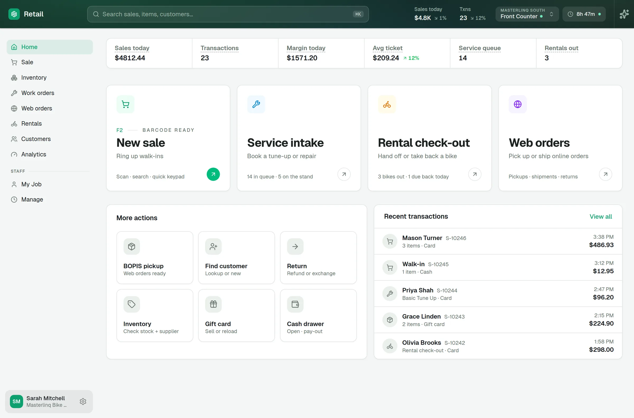 Masterlinq POS home — the whole shop on one screen