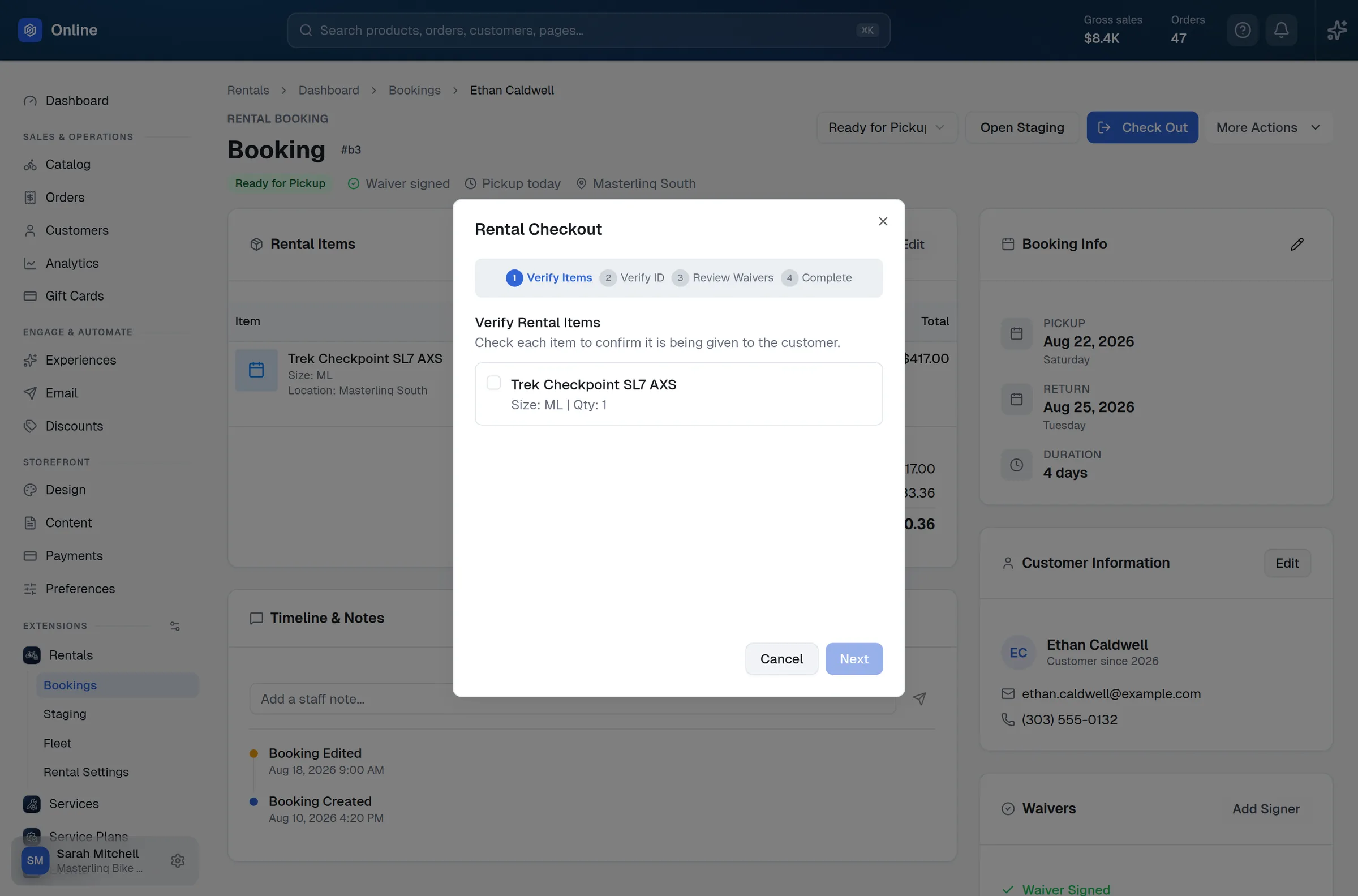 Rental check-out — verify items, ID, waivers