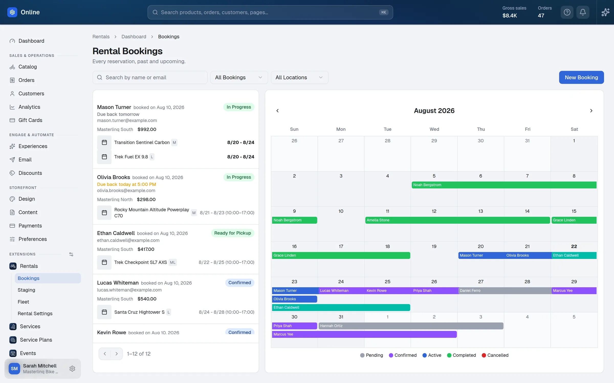 Rental bookings — every reservation in a list and a month calendar