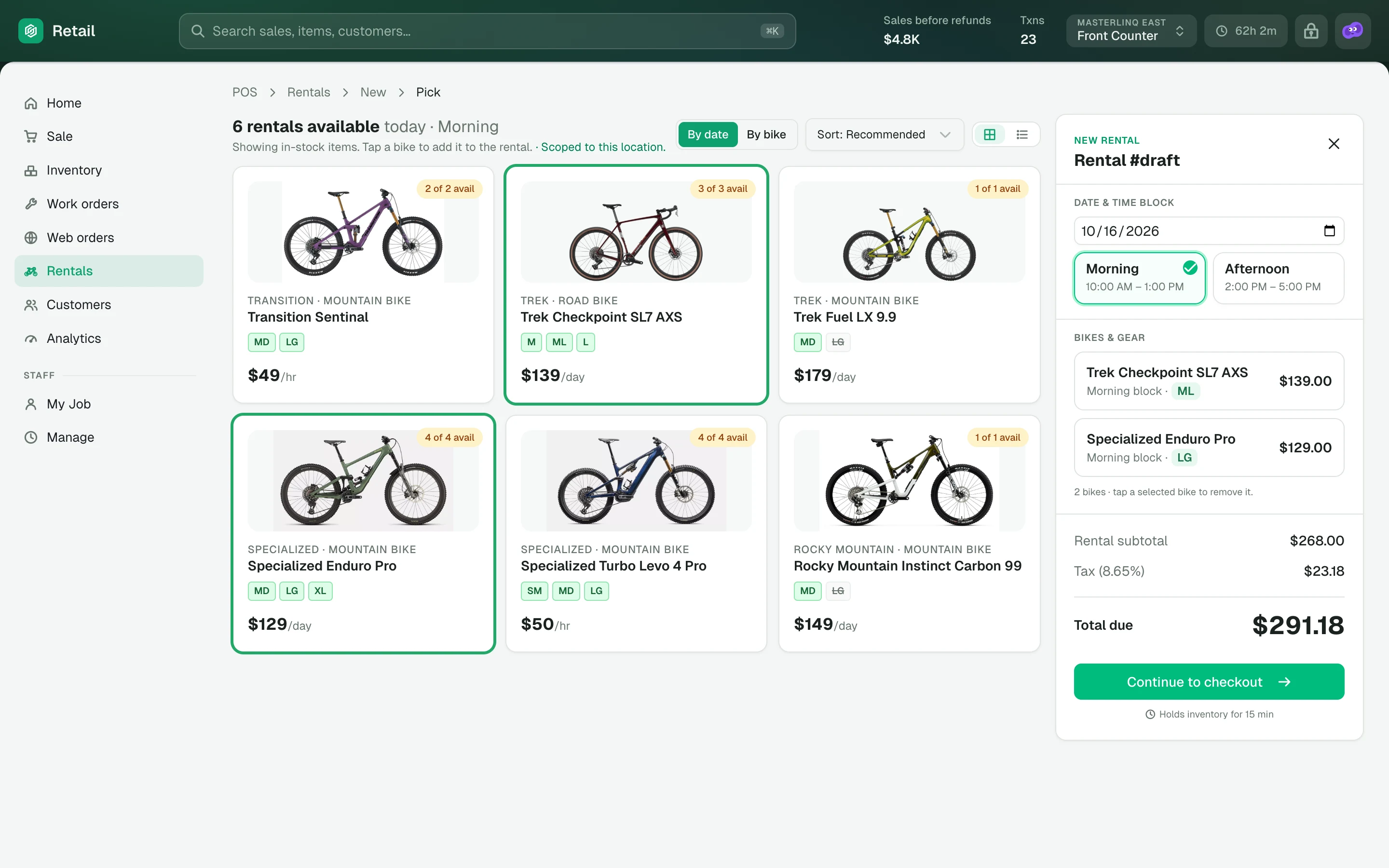 POS new rental — pick bikes by date and time block, with the total building on the right