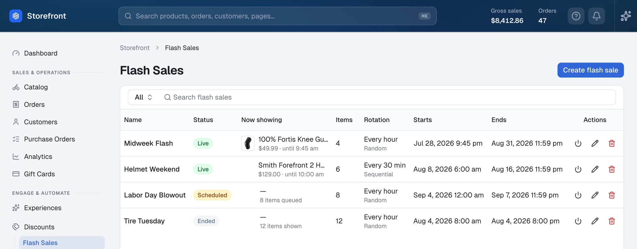 Flash sales, live, scheduled, and ended
