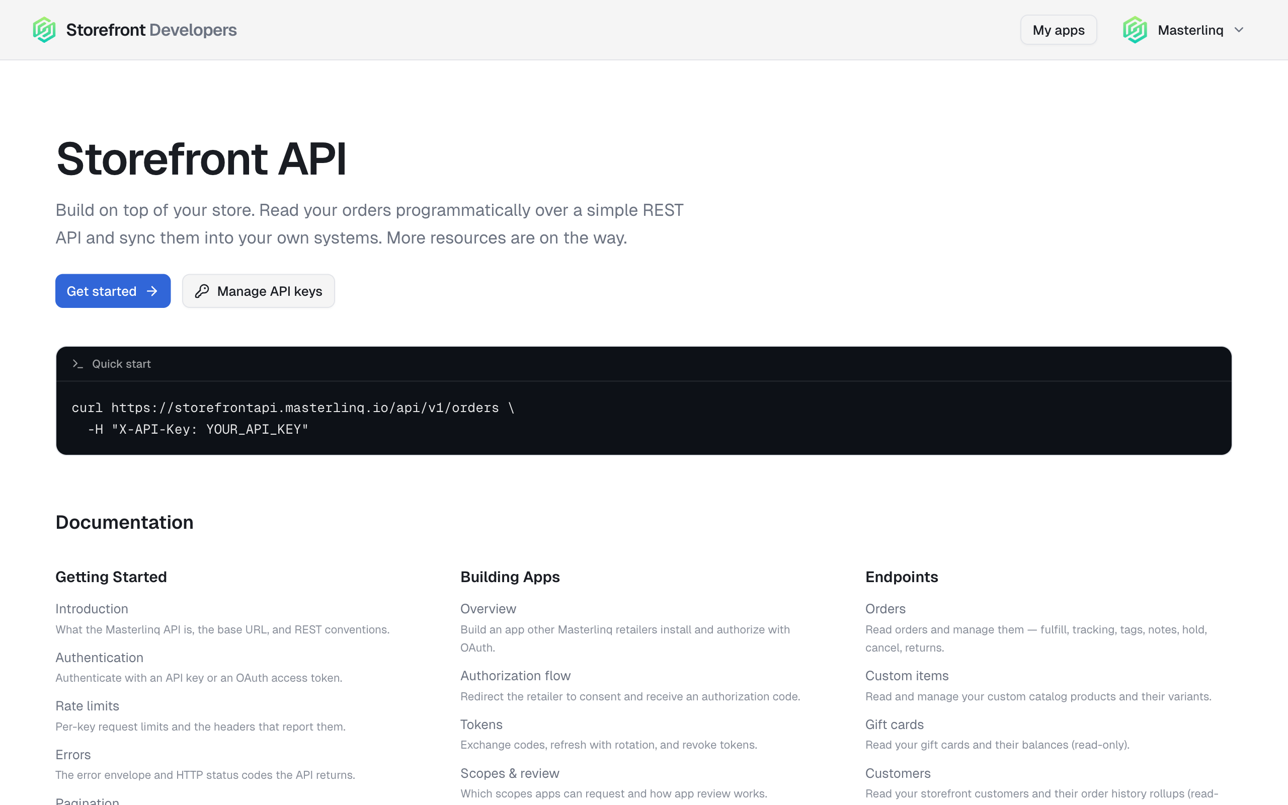 The Storefront API developer portal — quick start, documentation index, and app-building guides