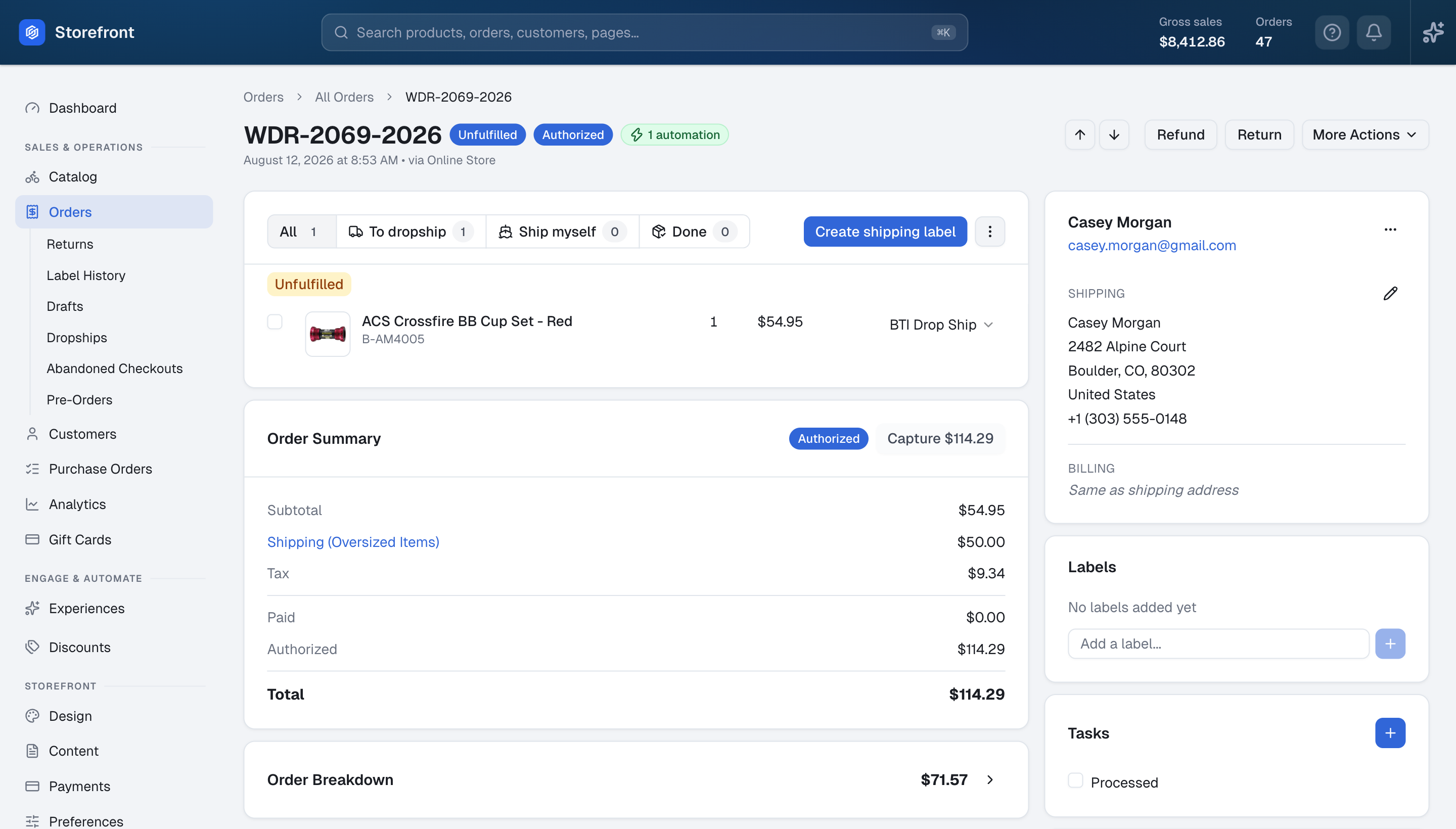 The redesigned order detail page with fulfillment tabs, order summary, and customer sidebar