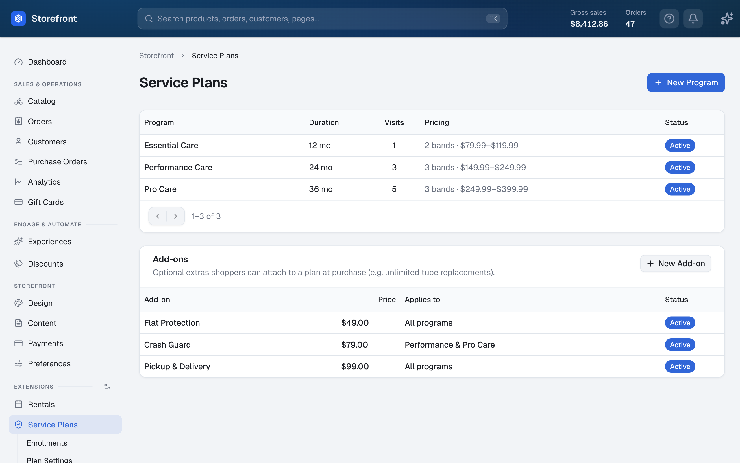 Service Plans programs with tiered pricing bands and purchasable add-ons